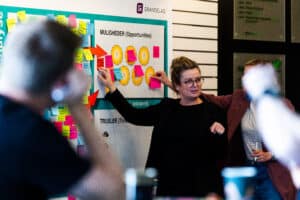 Post-it notes flyver energisk i strategi-processen hos VHK